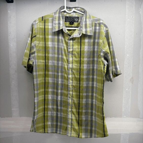 prAna Shirt Mens XL Snap Button Up Outdoors Hiking Camp Tartan Plaid Yellow Gray - Picture 1 of 7